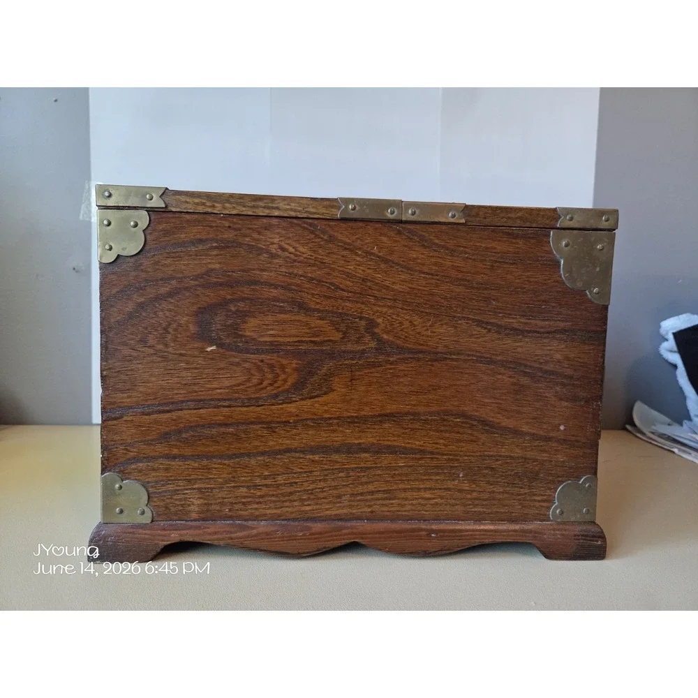 Vintage Antique Travel Jewelry Box Inlaid Mirror Floral Etched Brass Wood *READ*